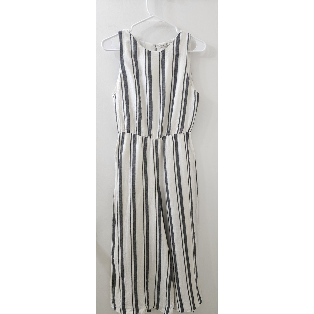 Alice + Olivia‎ Striped Linen Blend Open Back Wide Leg Jumpsuit Cream Navy